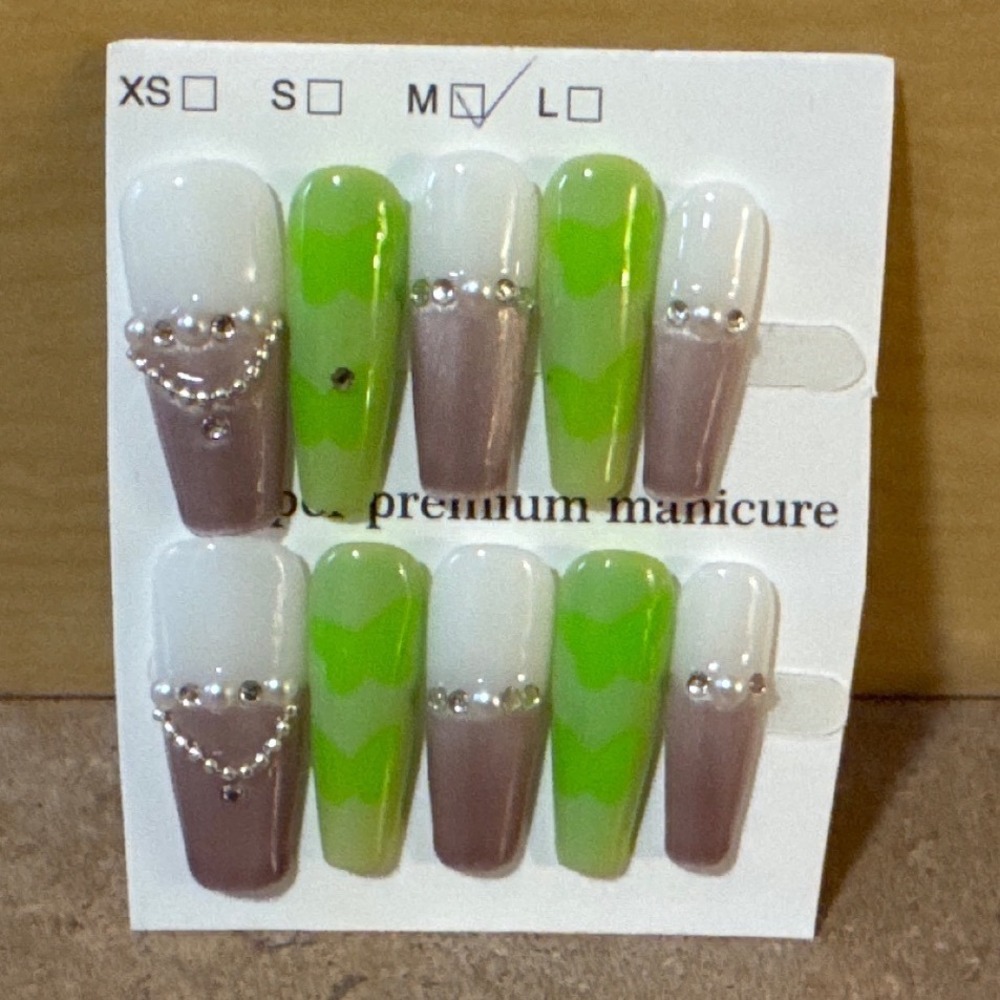 Green Butterfly Press On Nails Long Coffin Rhinestone Pearl Manicure Size M